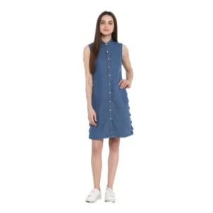 Denim Solid Sleeveless Above Knee Dress (Blue)
