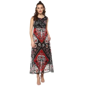 Polyester Printed Sleeveless Dress (Red - Black)
