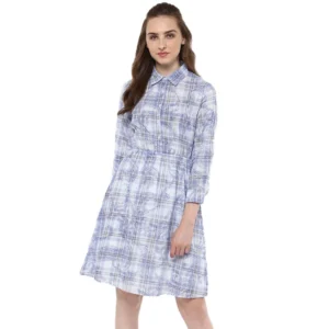 Cotton Checkered Roll Up Sleeve Above Knee Dress (Blue)