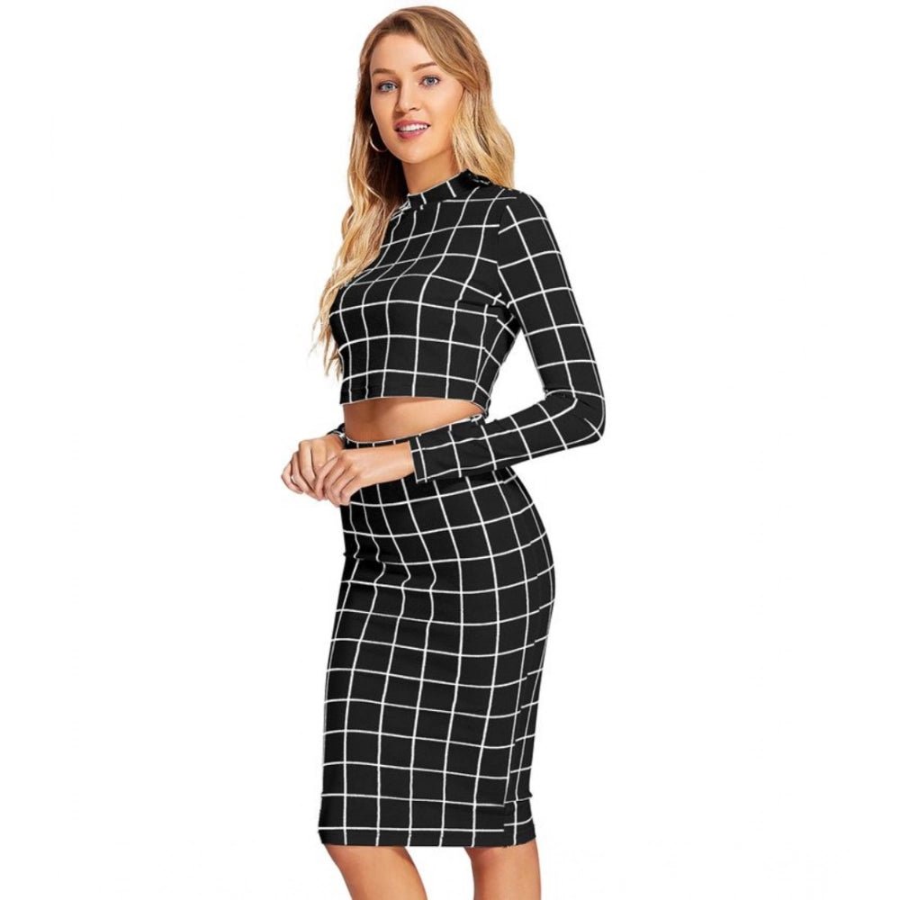 Checkered Full Sleeves Stand Collar Crop Top Skirt Set (Black) - Image 3