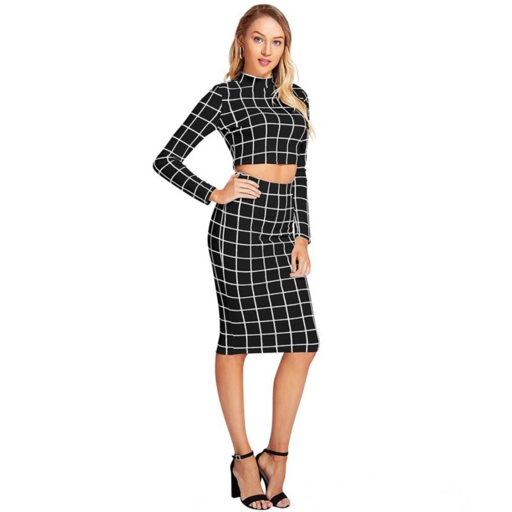 Checkered Full Sleeves Stand Collar Crop Top Skirt Set (Black) - Image 2