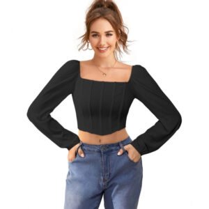 Solid Long Sleeves Square Neck Top (Black)