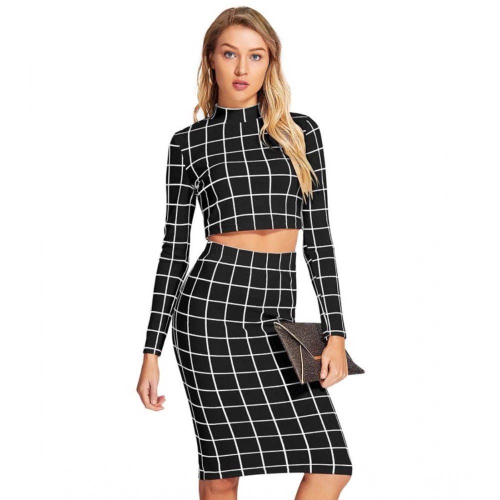 Checkered Full Sleeves Stand Collar Crop Top Skirt Set (Black)