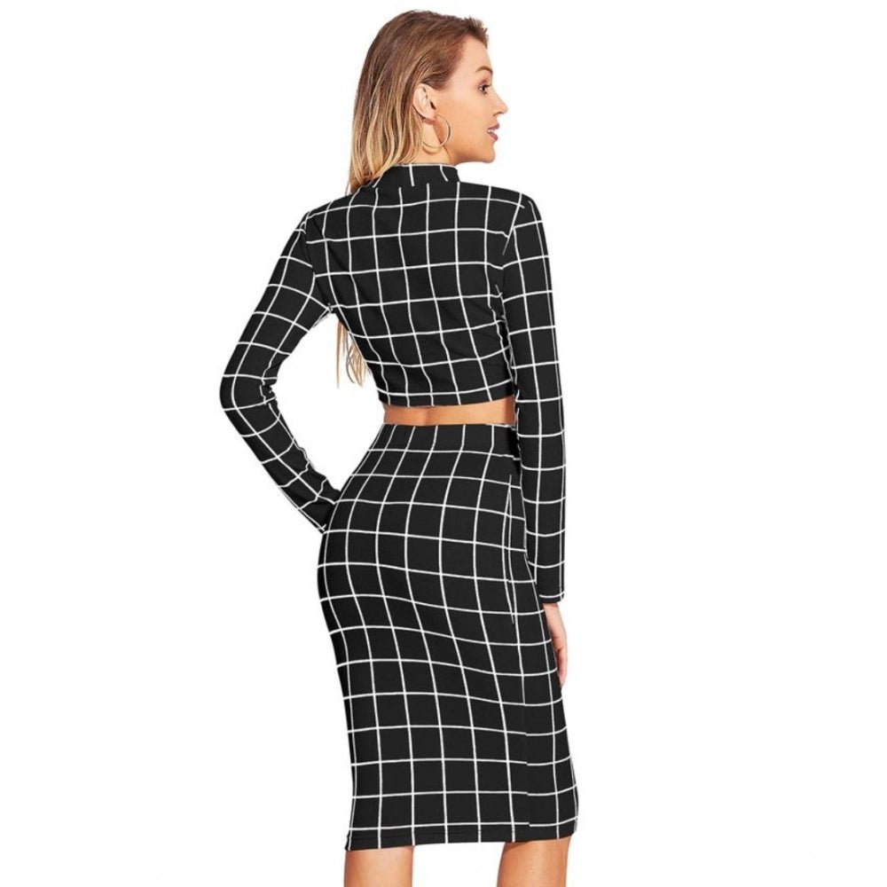 Checkered Full Sleeves Stand Collar Crop Top Skirt Set (Black) - Image 5