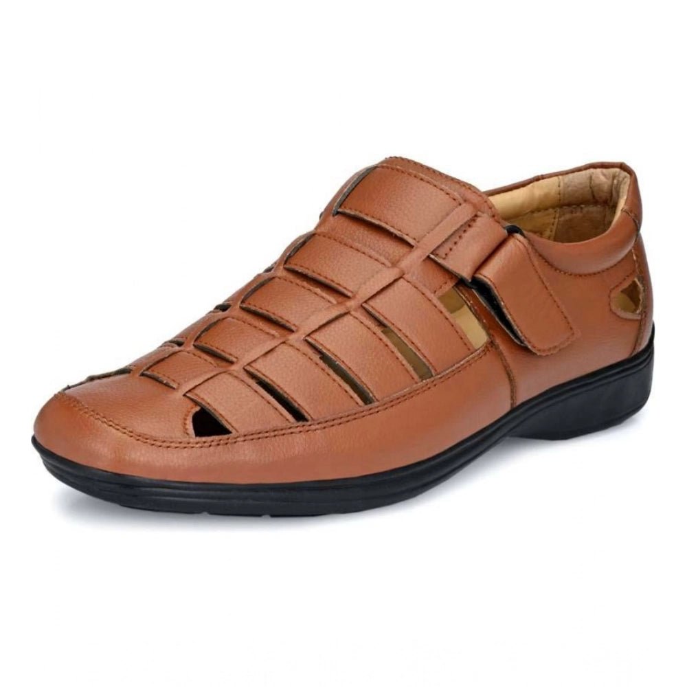 Men's Casual Faux Leather Solid Velcro Sandal (Tan) - Image 2
