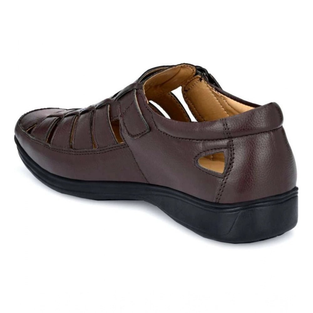 Men's Casual Faux Leather Solid Velcro Sandal (Brown) - Image 3