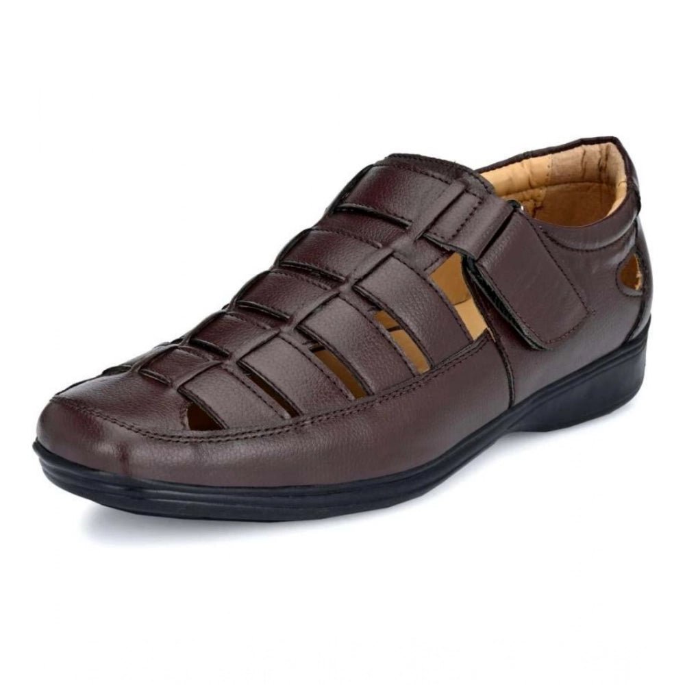 Men's Casual Faux Leather Solid Velcro Sandal (Brown) - Image 2
