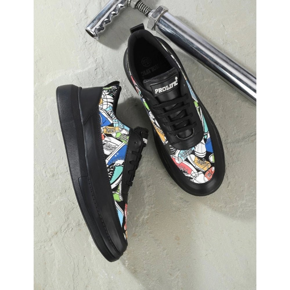 Men's Casual Synthetic Printed Lace-Up Shoes (Black) - Image 2