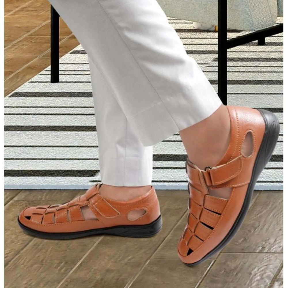 Men's Casual Faux Leather Solid Velcro Sandal (Tan) - Image 5