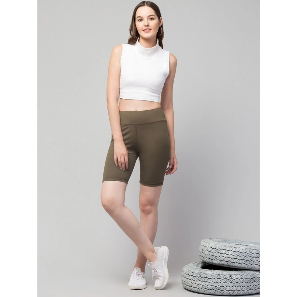 Polyester Solid Above Knee High-Rise Shorts (Olive) - Image 3