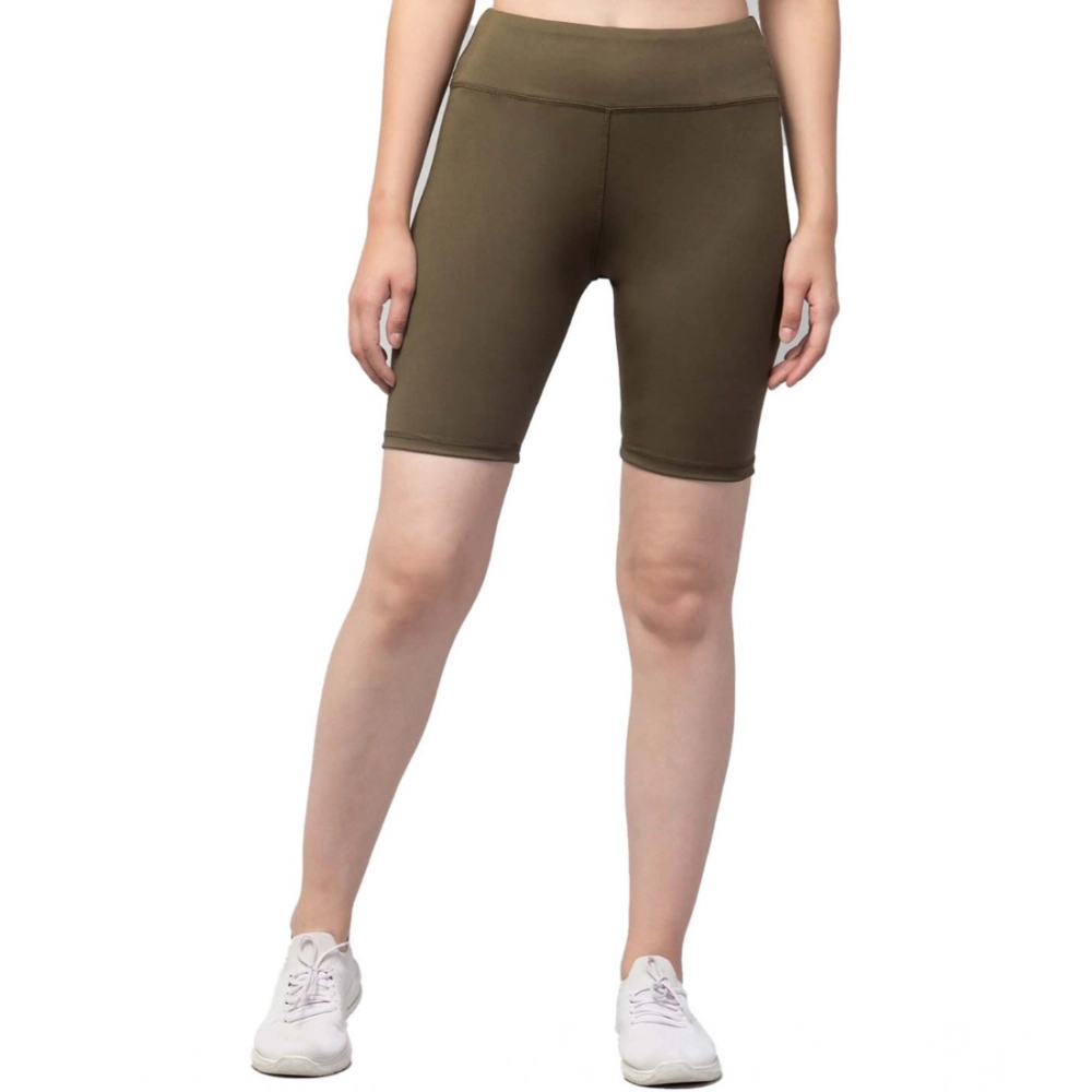 Polyester Solid Above Knee High-Rise Shorts (Olive)