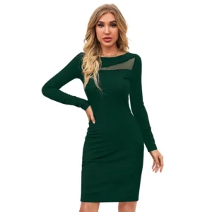 Knitting stretchable Solid Round Neck Full Sleeve Dress (Green )