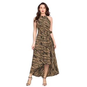 Polyester Zebra Pattern Halter Neck Sleeveless Dress (Yellow)