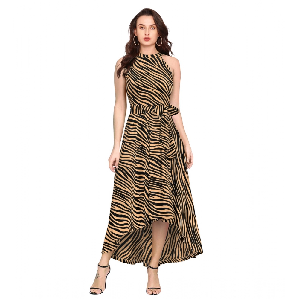 Polyester Zebra Pattern Halter Neck Sleeveless Dress (Yellow)