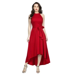Polyster Solid Halter Neck Sleeveless Dress (Red)