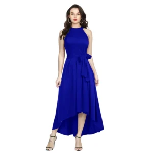 Polyster Solid Halter Neck Sleeveless Dress (Royal Blue)