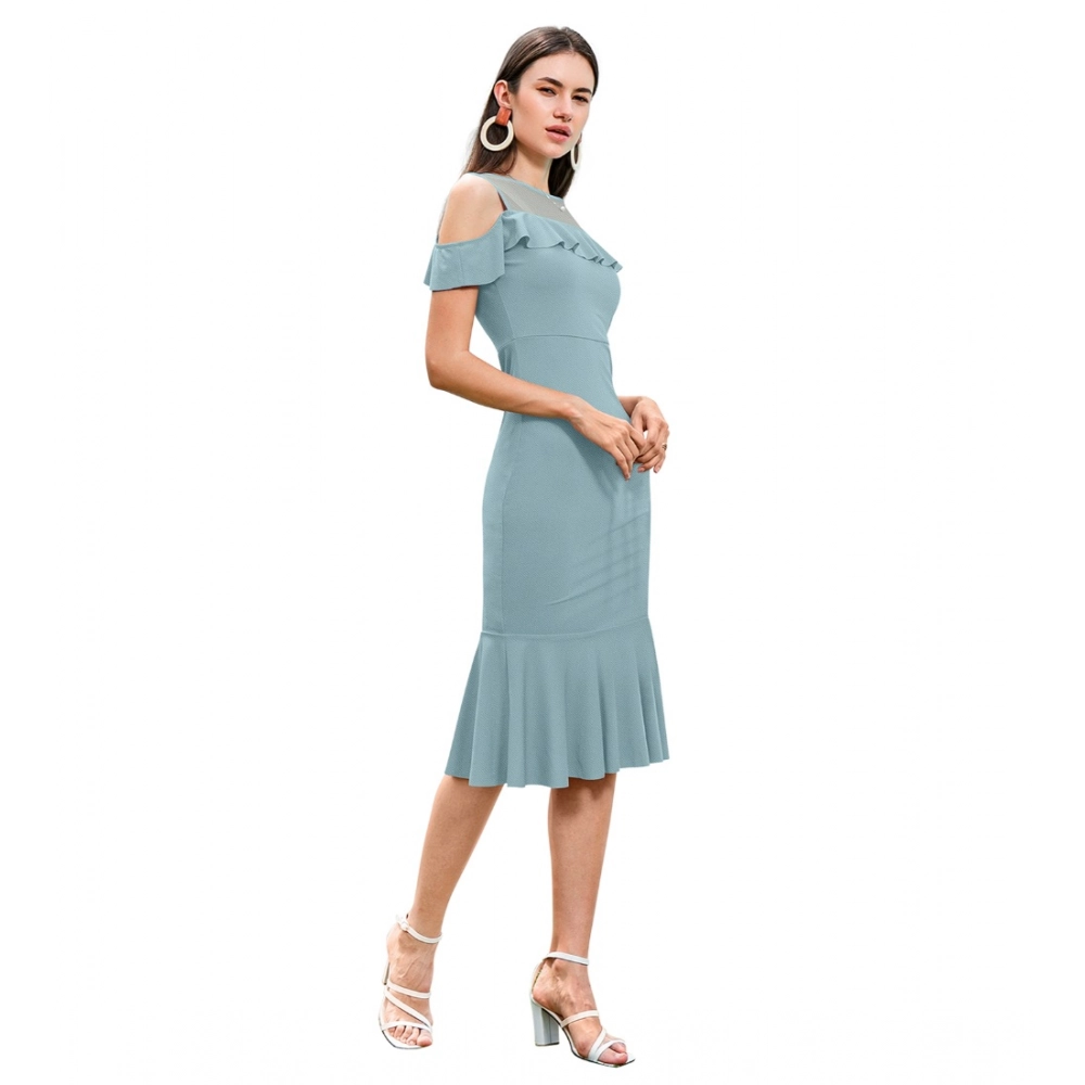Knitting stretchable Solid Round Neck Sleeveless Dress (Pista ) - Image 4