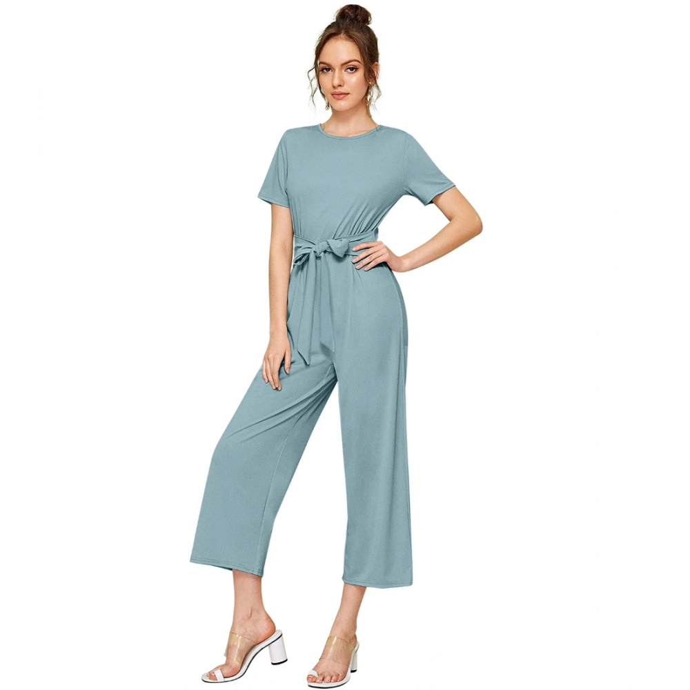 Knitting stretchable Solid Round Neck Cap Sleeve Jumpsuit (Pista ) - Image 2