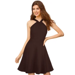 Knitting stretchable Solid Halter Neck Sleeveless Dress (Coffee)