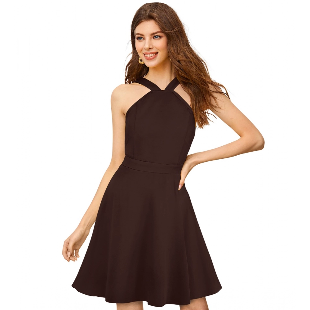 Knitting stretchable Solid Halter Neck Sleeveless Dress (Coffee)