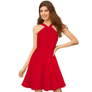 Knitting stretchable Solid Halter Neck Sleeveless Dress (Red )