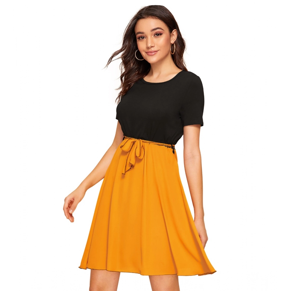 Knitting stretchable Solid Round Neck Cap Sleeve Dress (Yellow) - Image 2