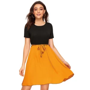 Knitting stretchable Solid Round Neck Cap Sleeve Dress (Yellow)