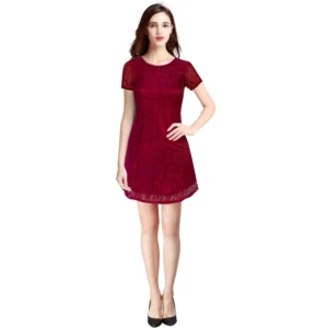 Rasal Solid Round Neck Cap Sleeve Dress (Maroon)
