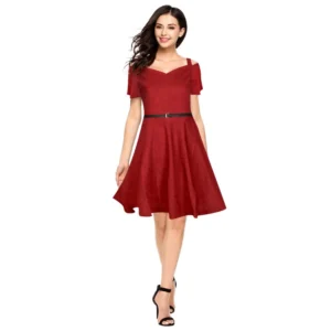 Polyester Solid V Neck Cap Sleeve Dress (Maroon)