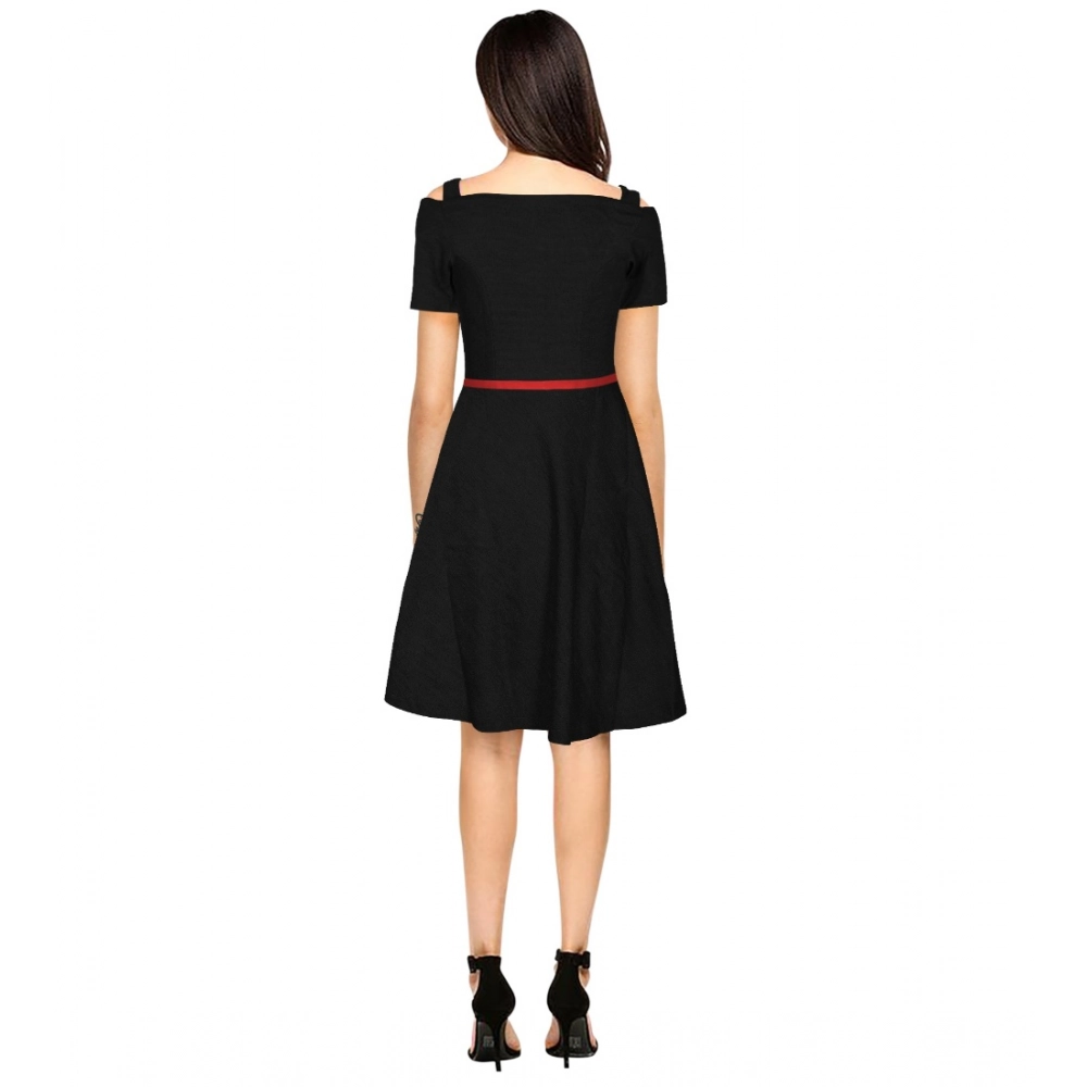 Polyester Solid V Neck Cap Sleeve Dress (Black) - Image 5