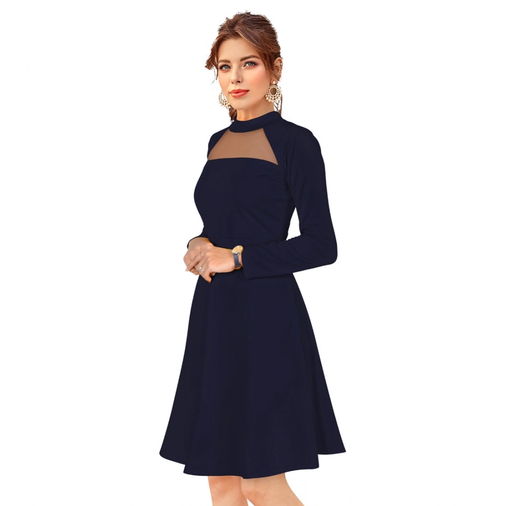 Knitting stretchable Solid Round Neck Full Sleeve Dress (Blue) - Image 2