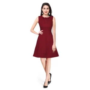 Polyester Solid Round Neck Sleeveless Dress (Maroon)