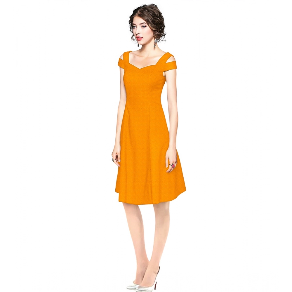 Polyester Solid V Neck Cap Sleeve off Shoulder Dress (Yellow) - Image 2