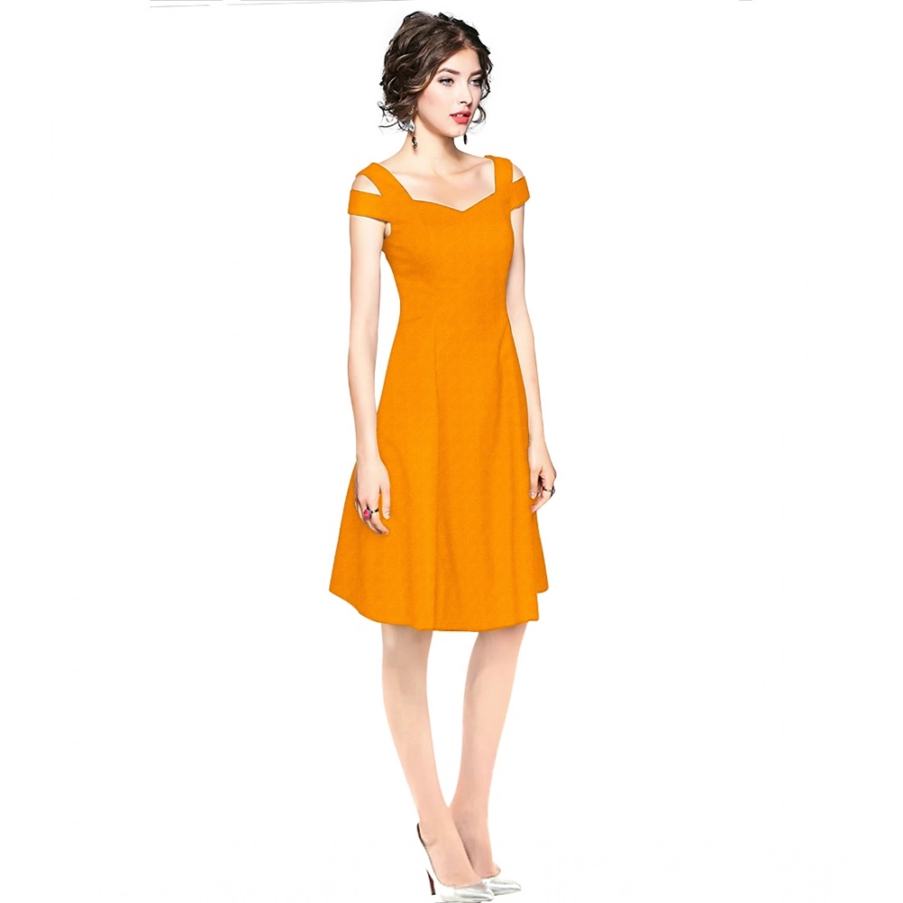 Polyester Solid V Neck Cap Sleeve off Shoulder Dress (Yellow) - Image 4