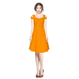 Polyester Solid V Neck Cap Sleeve off Shoulder Dress (Yellow)