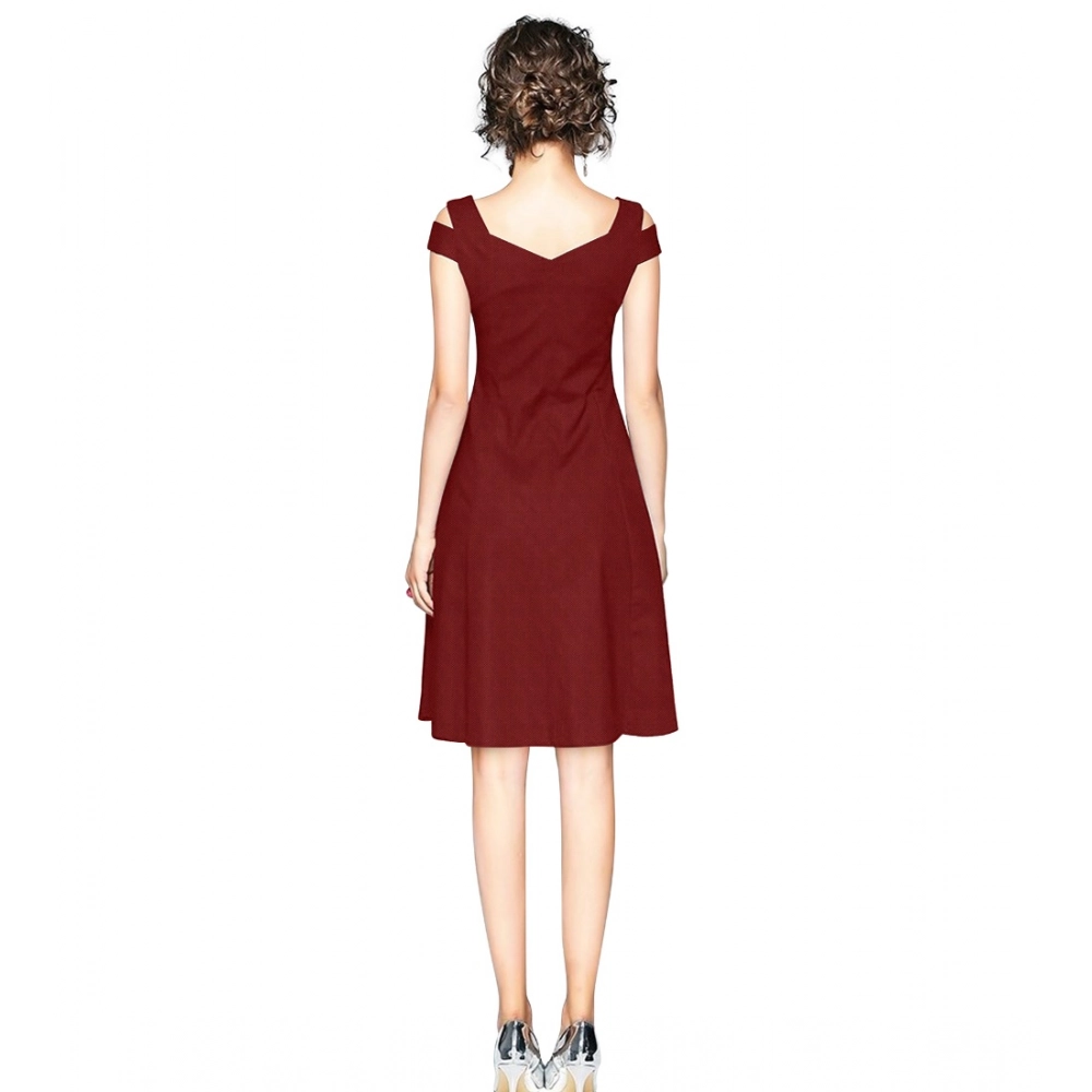 Polyester Solid V Neck Cap Sleeve off Shoulder Dress (Maroon) - Image 5