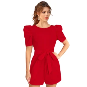 Knitting stretchable Solid Round Neck 3-4 Puff Sleeve Dress (Red )