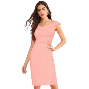 Knitting stretchable Solid Round Neck Sleeveless Dress (Peach)