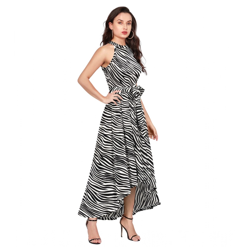 Polyester Zebra Pattern Halter Neck Sleeveless Dress (White) - Image 5