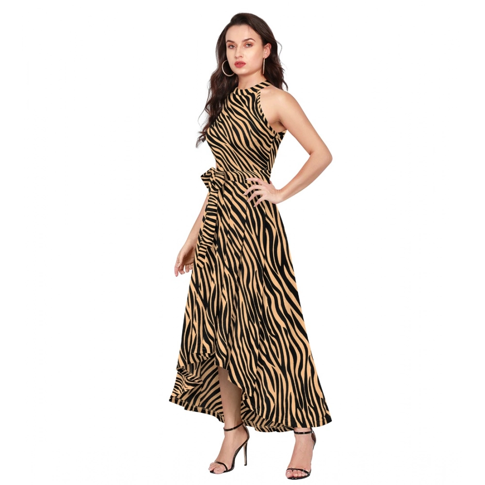 Polyester Zebra Pattern Halter Neck Sleeveless Dress (Yellow) - Image 4