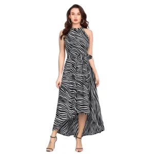 Polyester Zebra Pattern Halter Neck Sleeveless Dress (Navy Blue)