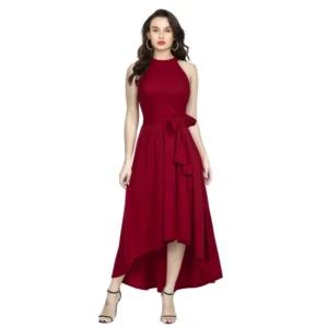 Polyster Solid Halter Neck Sleeveless Dress (Maroon)