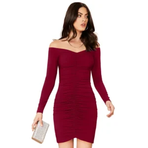 Knitting stretchable Solid V Neck Full Sleeve Dress (Maroon)