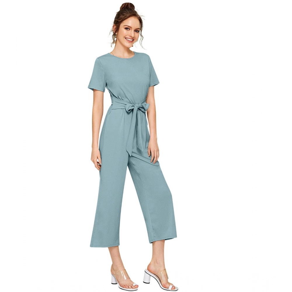 Knitting stretchable Solid Round Neck Cap Sleeve Jumpsuit (Pista ) - Image 4
