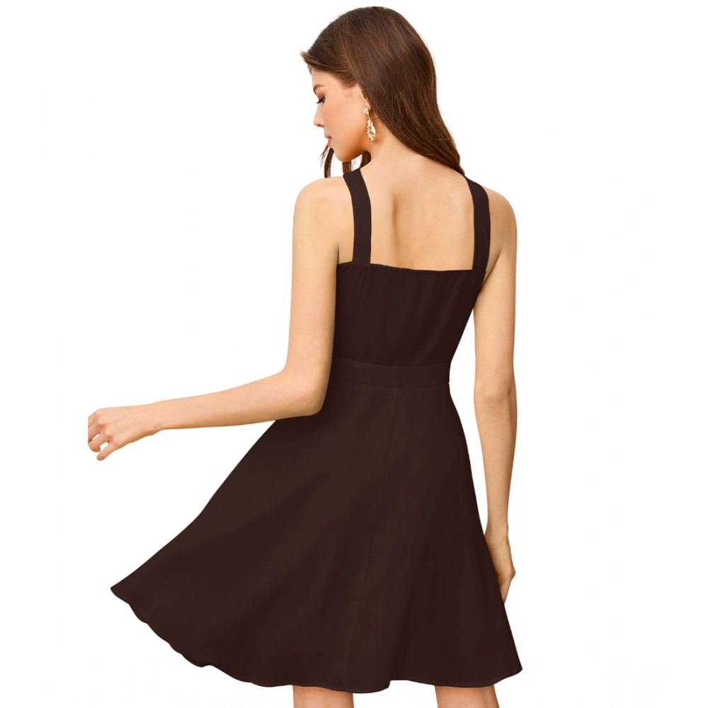 Knitting stretchable Solid Halter Neck Sleeveless Dress (Coffee) - Image 5