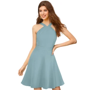 Knitting stretchable Solid Halter Neck Sleeveless Dress (Pista )