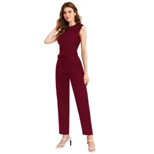Knitting stretchable Solid Round Neck Sleeveless Jumpsuit (Maroon)