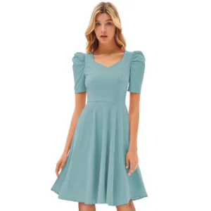 Knitting stretchable Solid V Neck Cap Sleeve Dress (Pista)