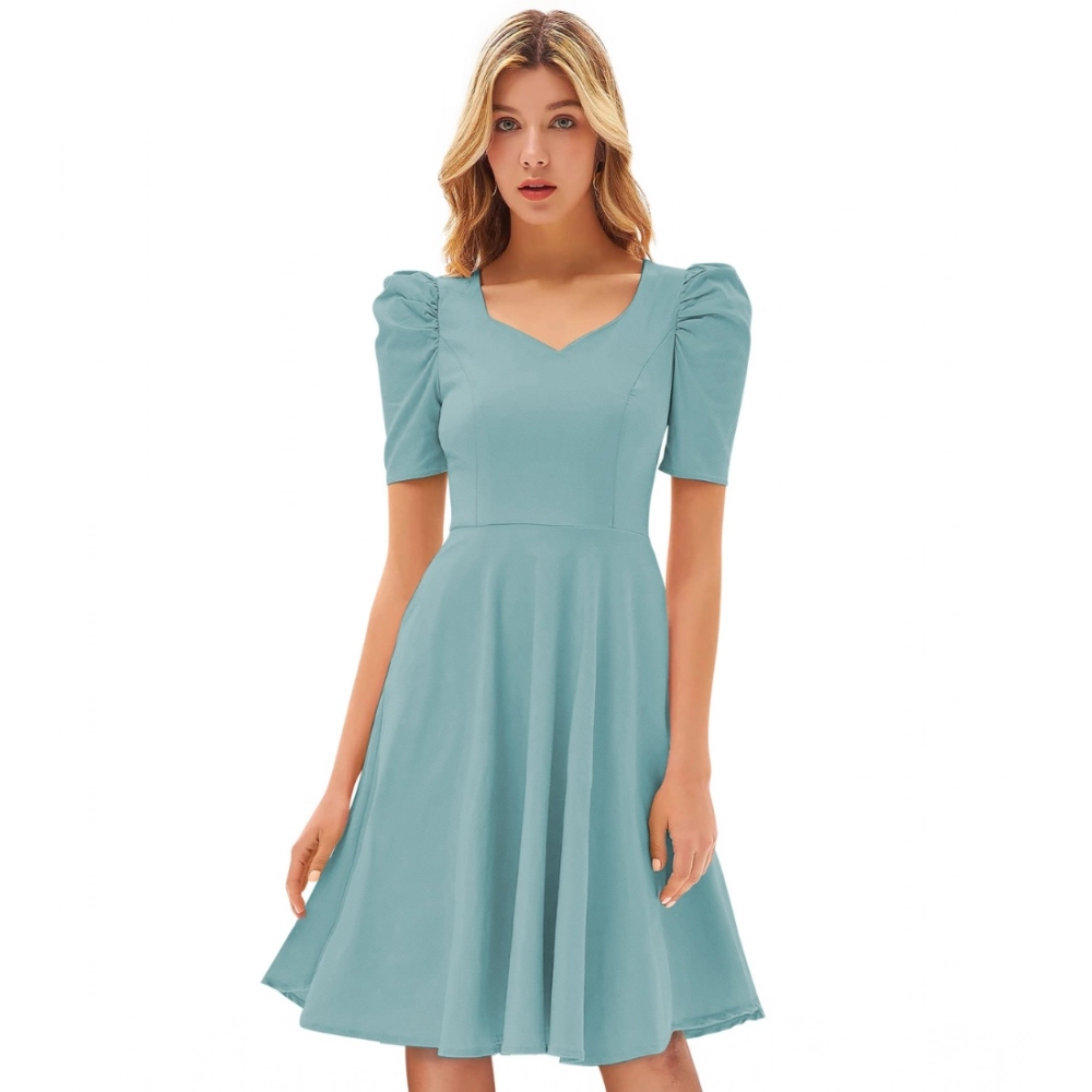 Knitting stretchable Solid V Neck Cap Sleeve Dress (Pista)