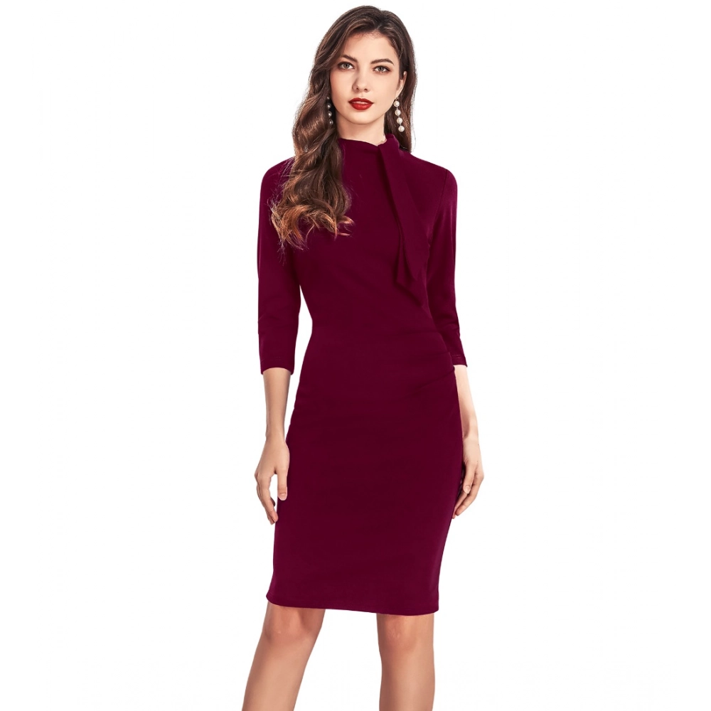 Knitting stretchable Solid Round Neck 3-4th Dress (Maroon)